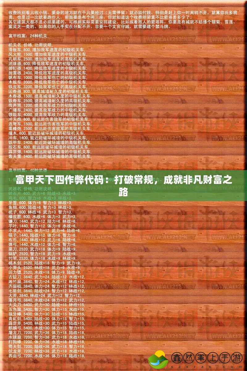 富甲天下四作弊代碼：打破常規(guī)，成就非凡財(cái)富之路